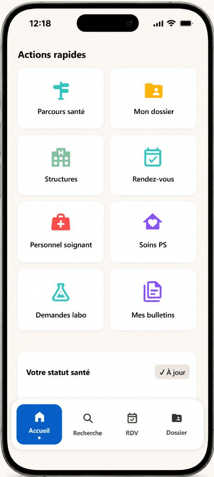 Accueil patient MediConnect — actions rapides et statut santé