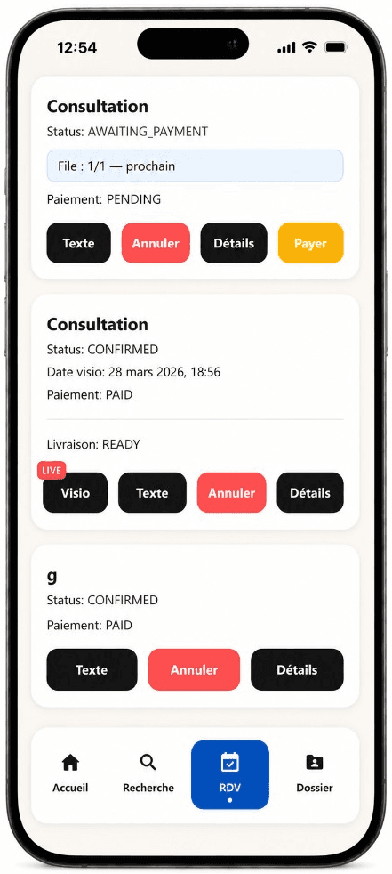 Consultations MediConnect — visio et paiement